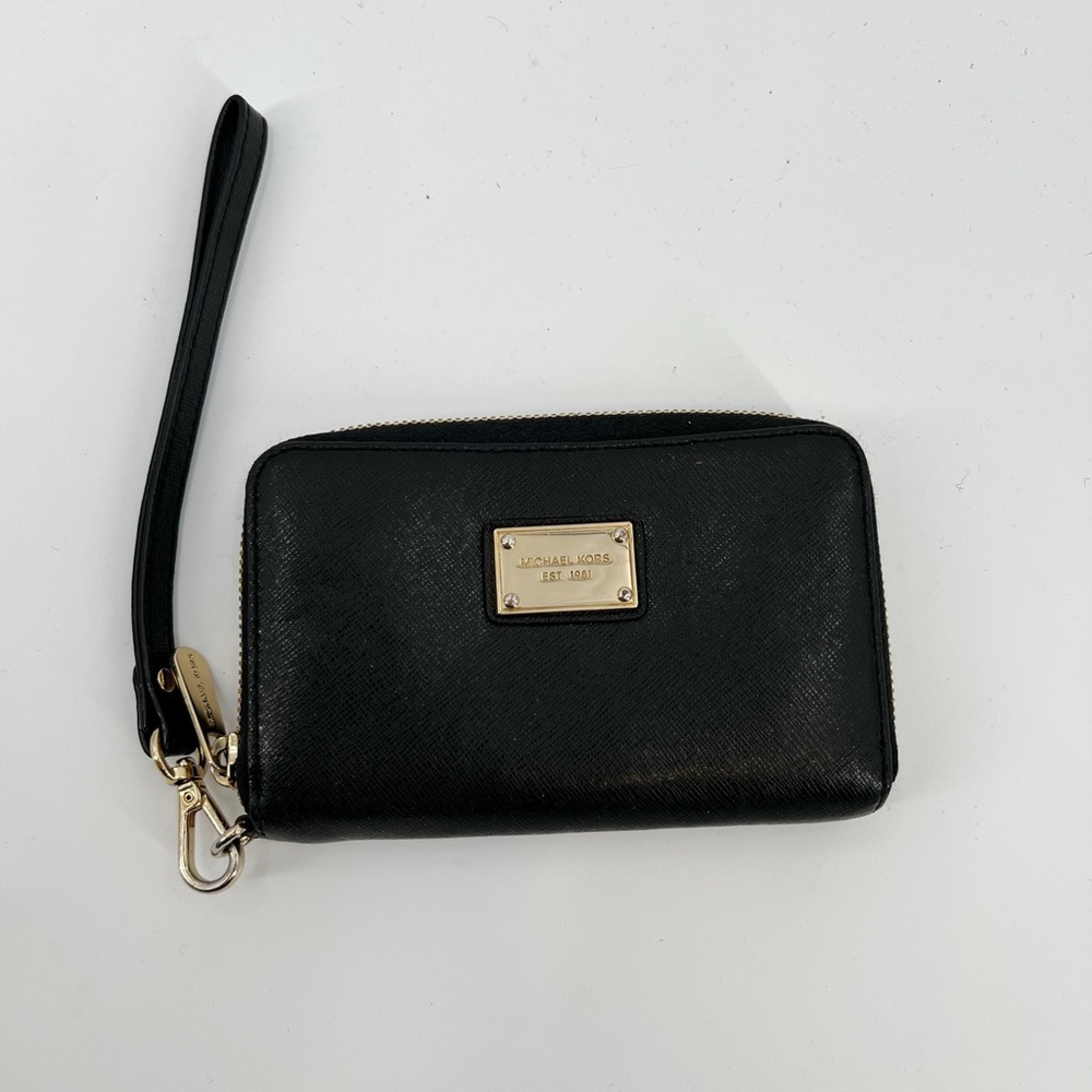 Michael Kors Black Leather Wristlet Wallet with Gold Hardware
